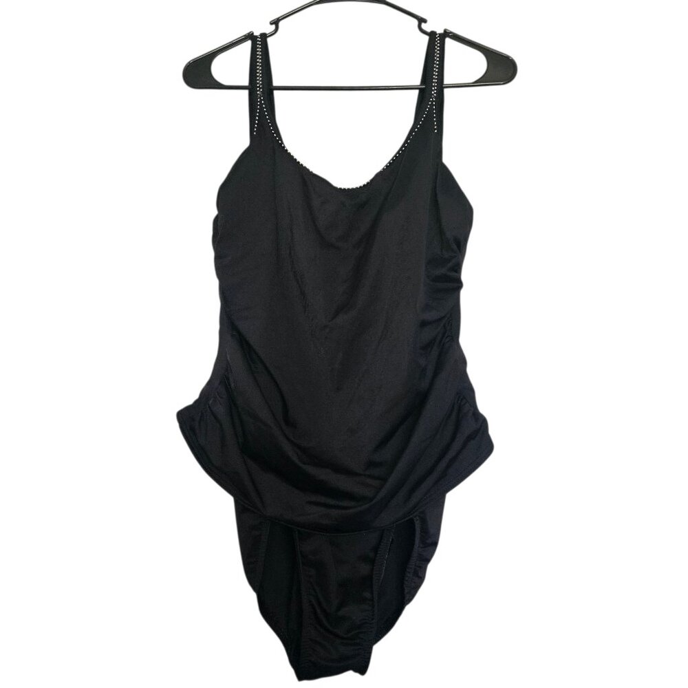 Miraclesuit Womens SZ 14 Black One Piece Swimsuit Slimming Ruched Vacation Beach